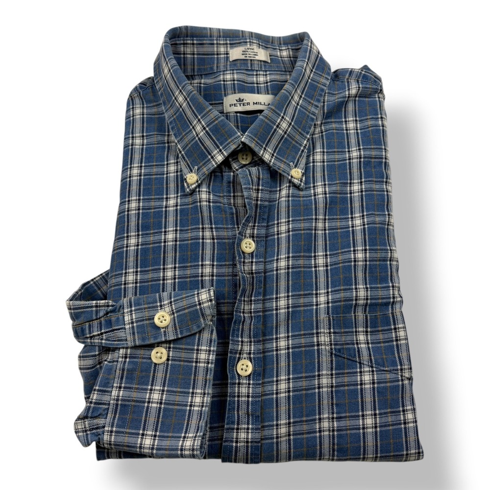 Peter Millar Mens Large Blue Plaid Cotton Button Down Long Sleeve Shirt 1968